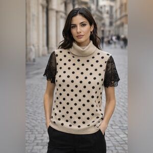 Twin-Set Polka Dot Wool/Cashmere Blend Sweater with Lace Sleeves